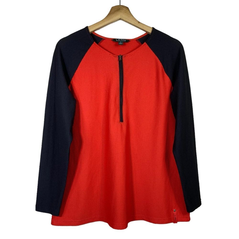 Lauren Ralph Lauren 1/4 Zip Red Black Top Long Sleeve‎ Womens Size 1X Colorblock